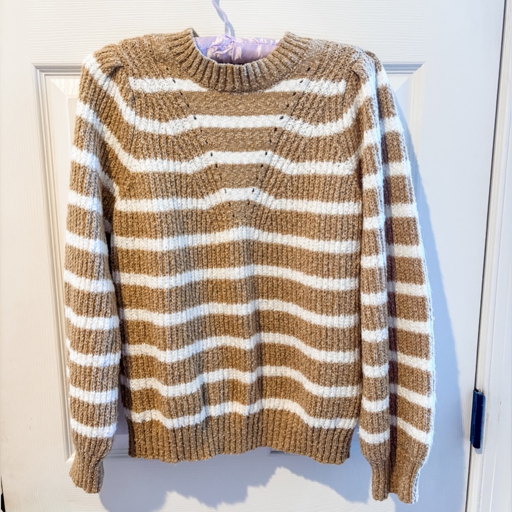 Tan and White Striped Crew Neck Sweater Excellent